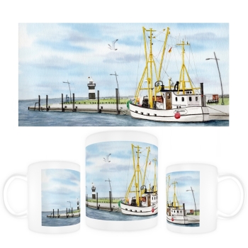 Tasse Becher Kaffeebecher Aquarell Maritim Kunst Druck Kunstdruck Nordsee Cuxhaven Fischerboot Claudia Kutter Fischkutter weiß Meer Boot Wremen Wurster Nordseeküste